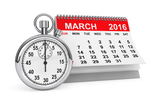 2016 year calendar. March calendar with stopwatch on a white background